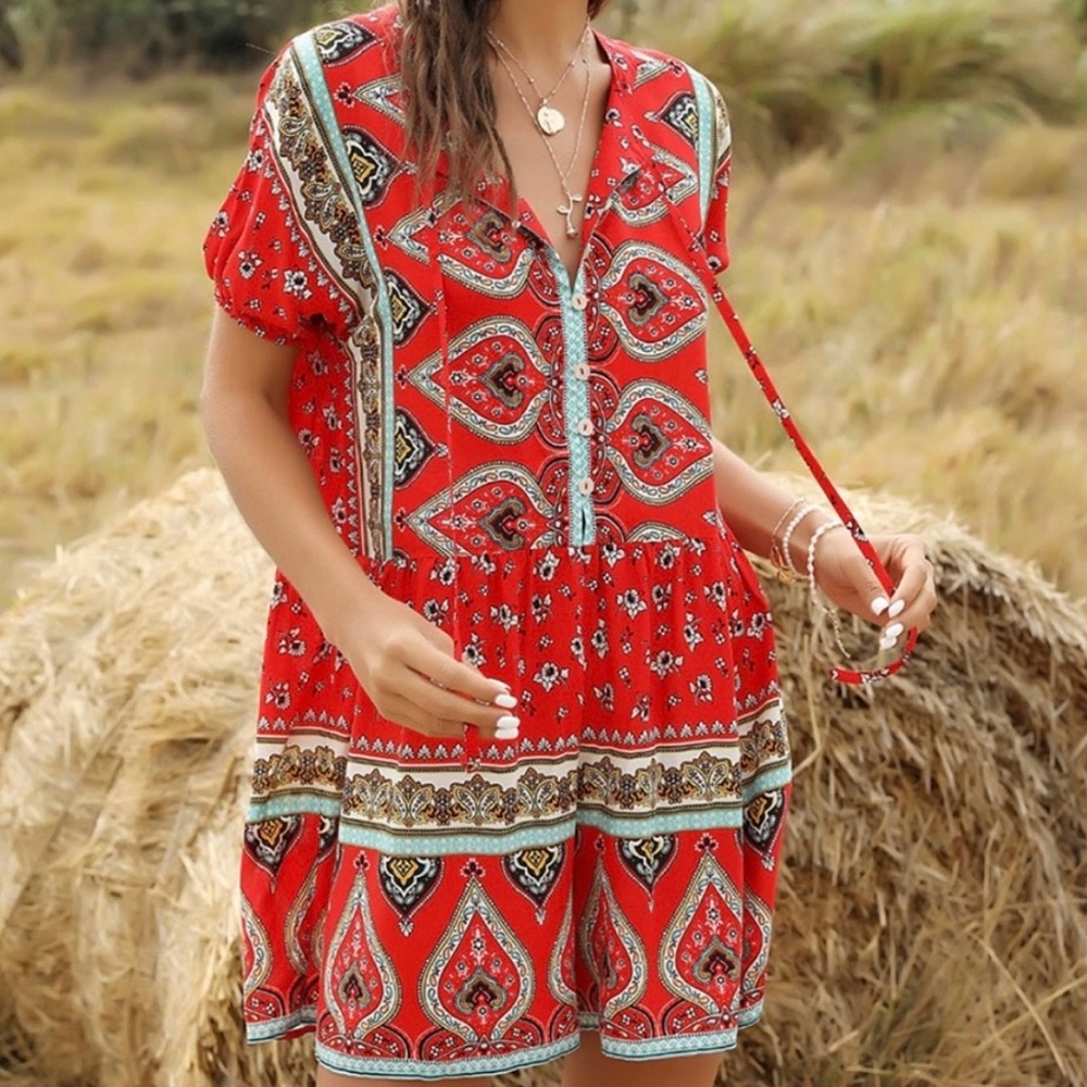 Vicky and Lucas red festive floral Arabesque button front romper S #375